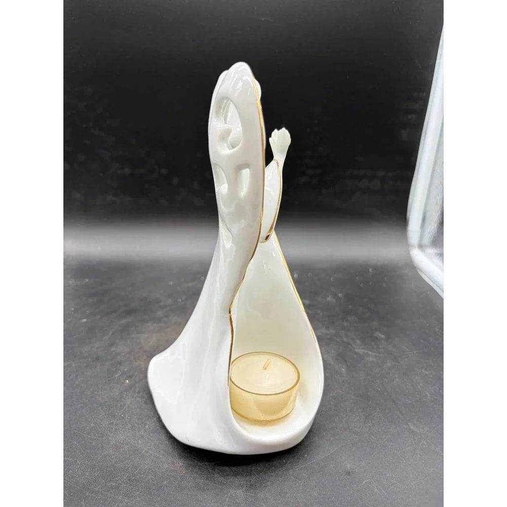 Fine Porcelain Praying Angel Tea Light Candle Holder White Gold Trim 7.5 Inch